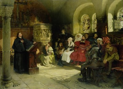 Lutero predica usando su traducción de la Biblia mientras está encarcelado en Wartburg, 1882 de Hugo Vogel